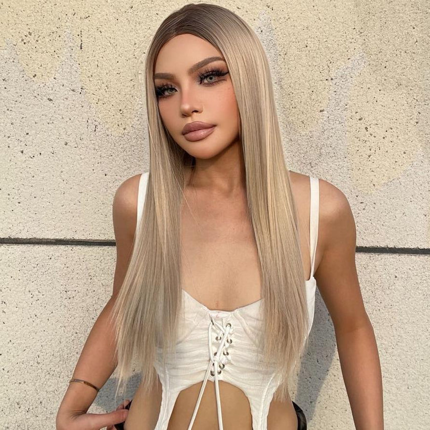 DWY 30-Inch Lace Front Wig - Silk Straight Natural Synthetic Wig with Middle Parting T-Part Design