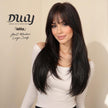 A medium shot photograph of a woman smiling warmly and looking directly at the camera against a plain beige studio background. She has long, dark brown hair with wispy bangs and distinct layers, styled in a voluminous yet natural cut. She wears a white, off-the-shoulder top. The text 