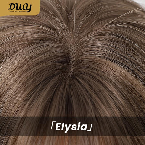 Elysia-DWY 16-Inch Brown Layered Wig with Highlights and Air Bangs - Glueless Synthetic for Women