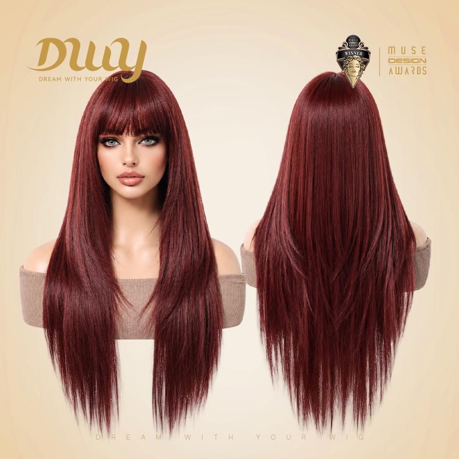 [Festival Limited] Cherry-DWY Mid-length Cherry Cola Red Brown with Bangs Glueless Synthetic Wig for Women 28 Inches