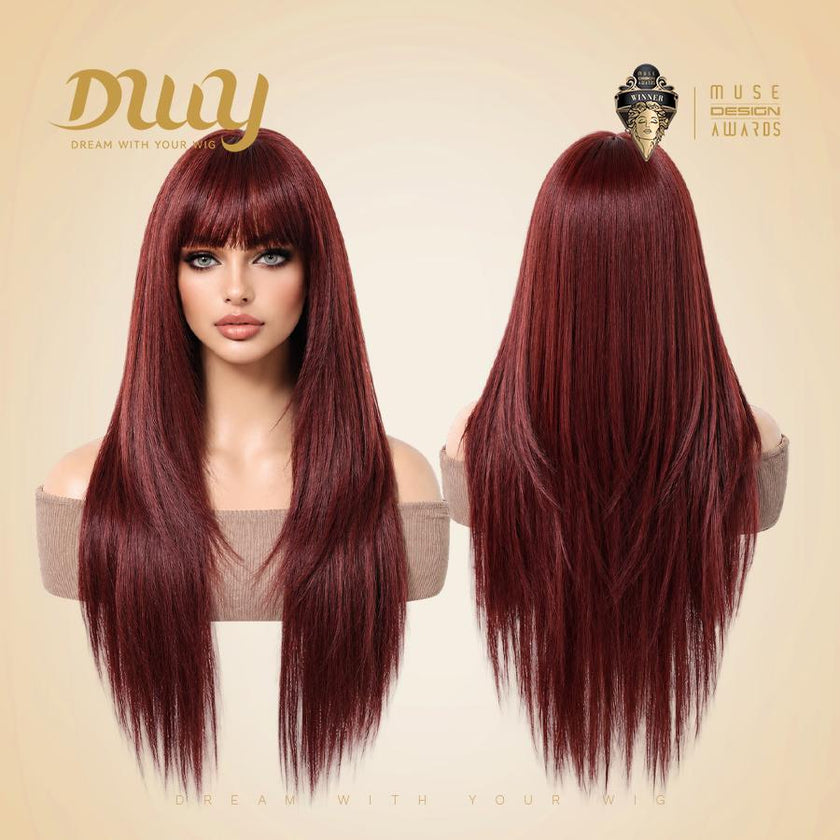[Festival Limited] Cherry-DWY Mid-length Cherry Cola Red Brown with Bangs Glueless Synthetic Wig for Women 28 Inches