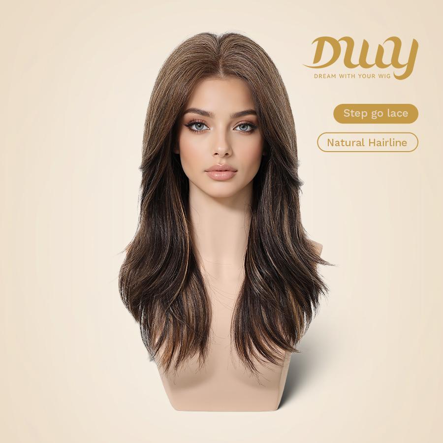 Loreen -DWY NEW Step Go Lace Free Part Long-Length Layered Brown Balayage Glueless Mixed Japanese Fiber Wig for Women 22 Inches