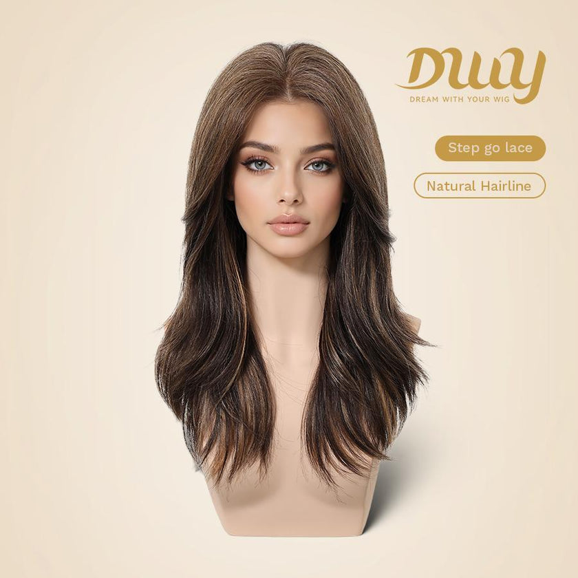 Loreen -DWY NEW Step Go Lace Free Part Long-Length Layered Brown Balayage Glueless Mixed Japanese Fiber Wig for Women 22 Inches