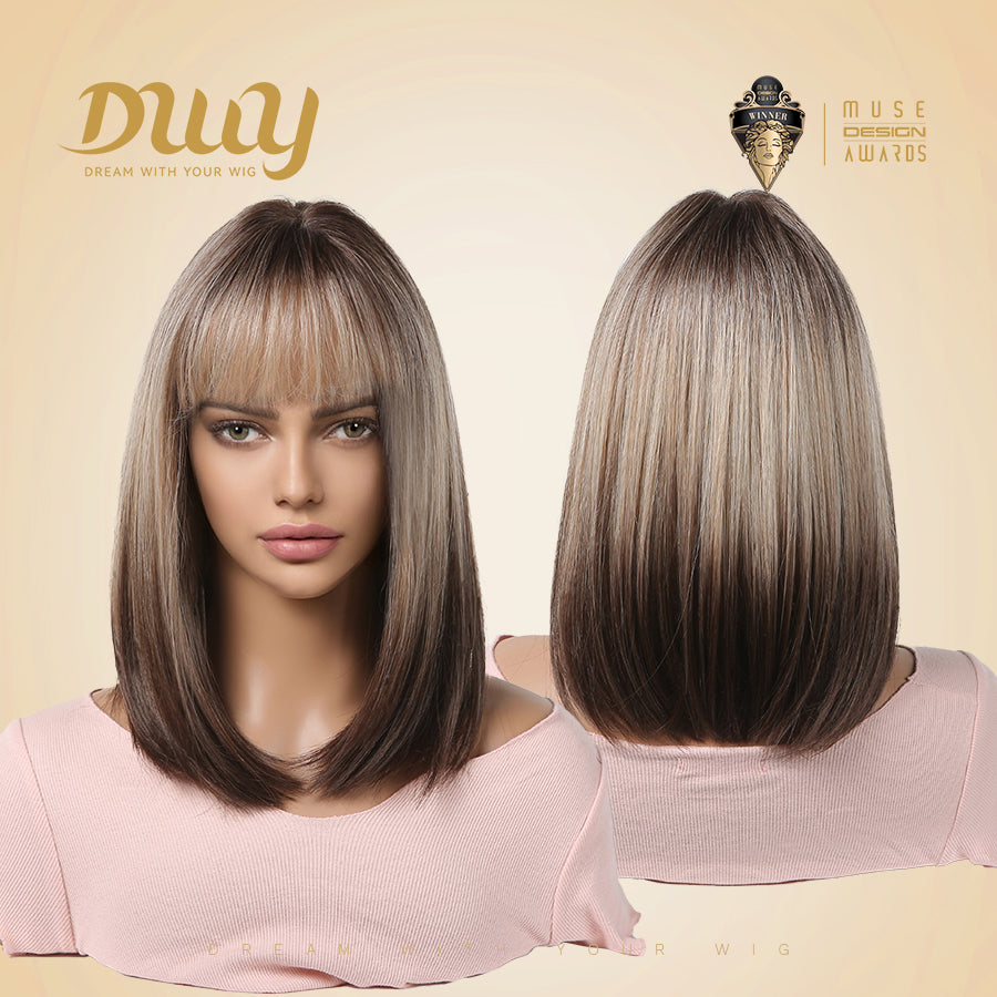 Lucille H-DWY Short Rooted Blonde with Brown Ends Natural Straight Glueless Synthetic Wig with Bangs for Women 12 Inches