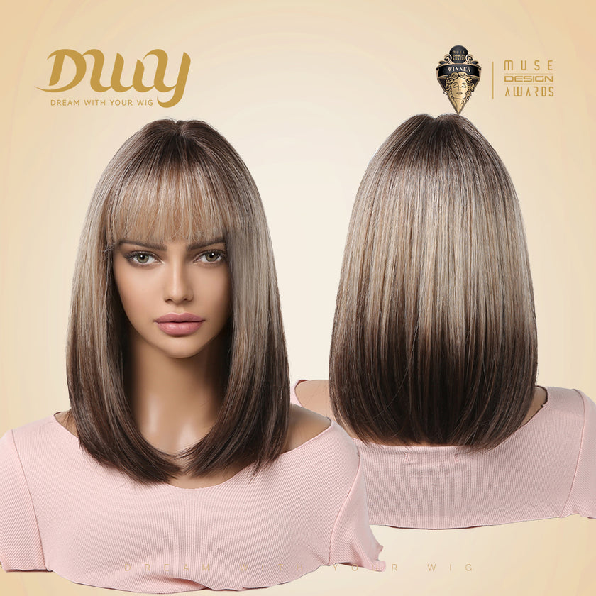 Lucille H-DWY Short Rooted Blonde with Brown Ends Natural Straight Glueless Synthetic Wig with Bangs for Women 12 Inches
