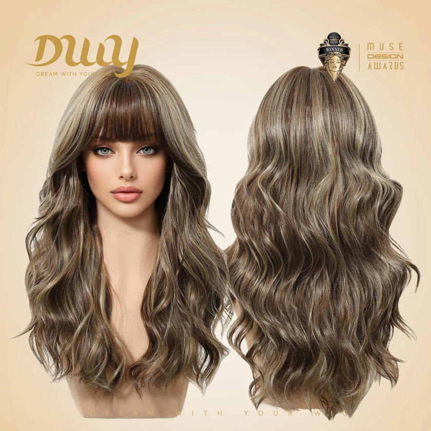 Nati C-DWY New Technology! Bionic Silk Top Mix Honey Bronde 22-Inch Long Wave Glueless Synthetic Wig