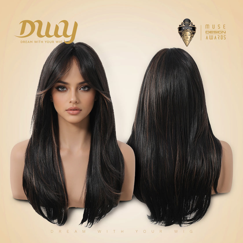 DWY 22-Inch Long Straight Black and Blonde Highlight Synthetic Wig with Bangs