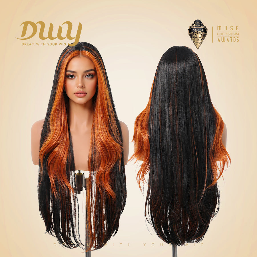 Mina C-DWY Lace Front Middle Part Long Body Wavy Orange Ombre Glueless Synthetic Wig