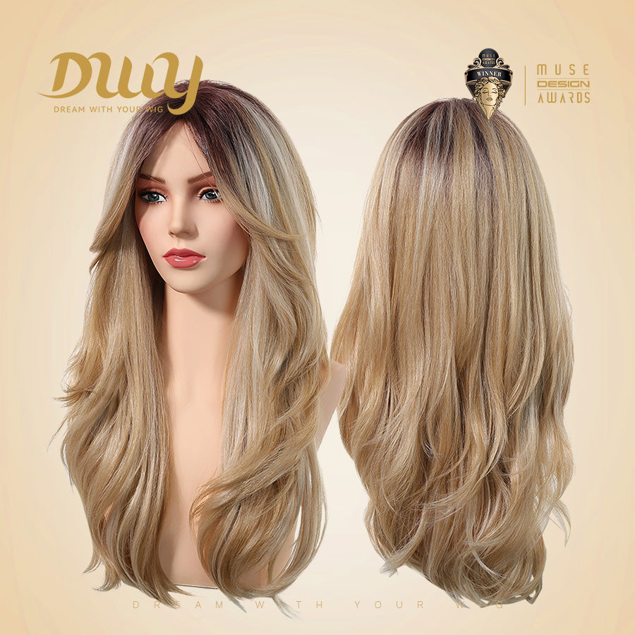 Evie-DWY Mid-Length Wavy Ombre Blonde with Bangs Glueless Synthetic Wig for Women 24 Inches