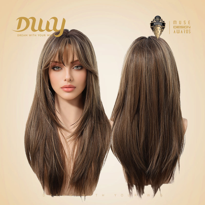 Elowen-DWY MiraScalp Middle Length  Sandy Brown Layer Cut Glueless Synthetic Wig