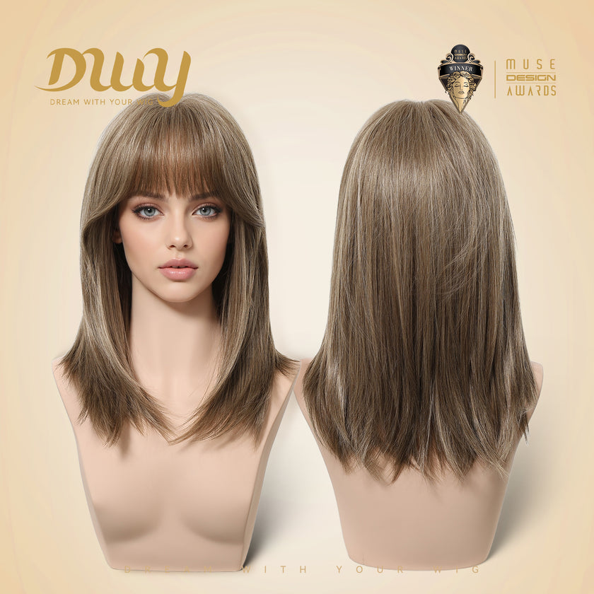 Haley C-DWY New Technology! Bionic Silk Top 16-Inch Long Wave Light Tea Brown Glueless Synthetic Wig
