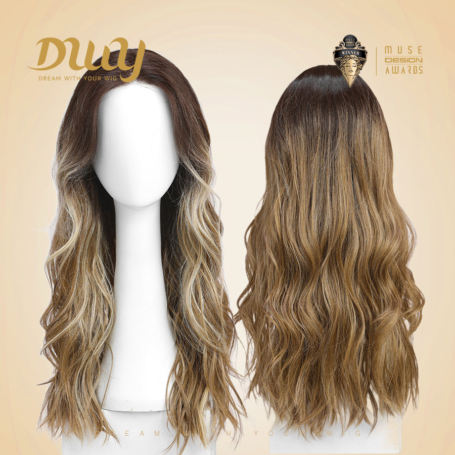 Layla H-DWY Mono Lace Front Free Part Long Wavy Ombre Blonde Glueless Synthetic Wig for Women 24 Inches