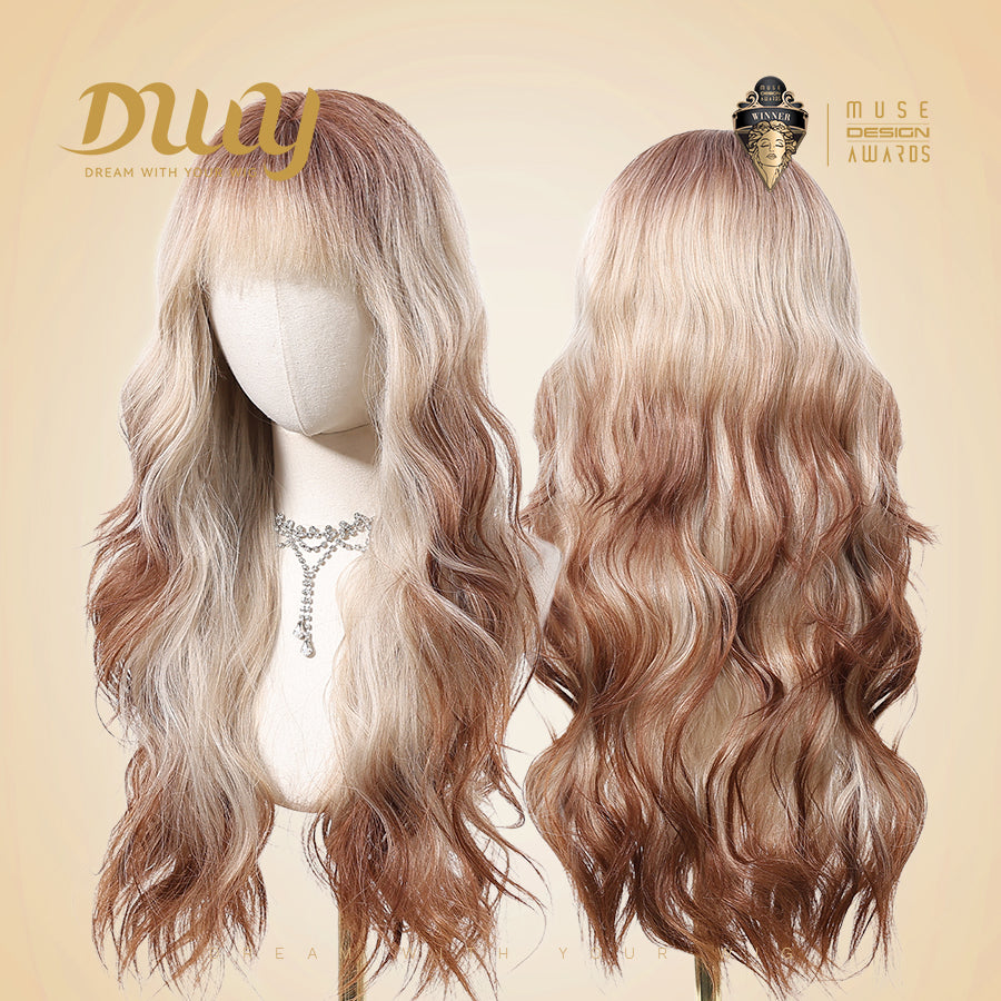 Kacey-DWY 28-Inch Long MiraScalp Wavy Ombre Blonde and Brown Wig with Bangs