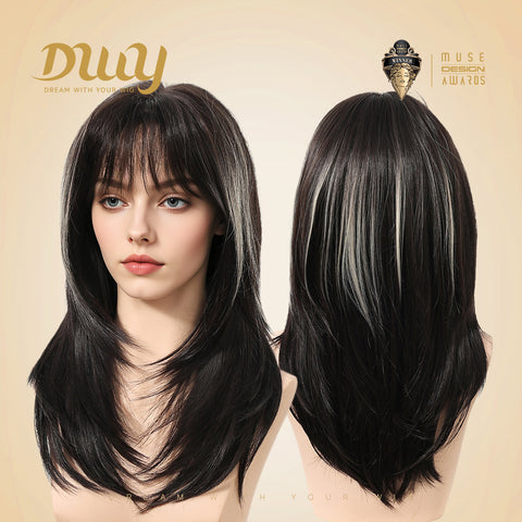 DWY Cressida-DWY Straight Layer-cut with White Highlights and Bangs Glueless Synthetic Wig