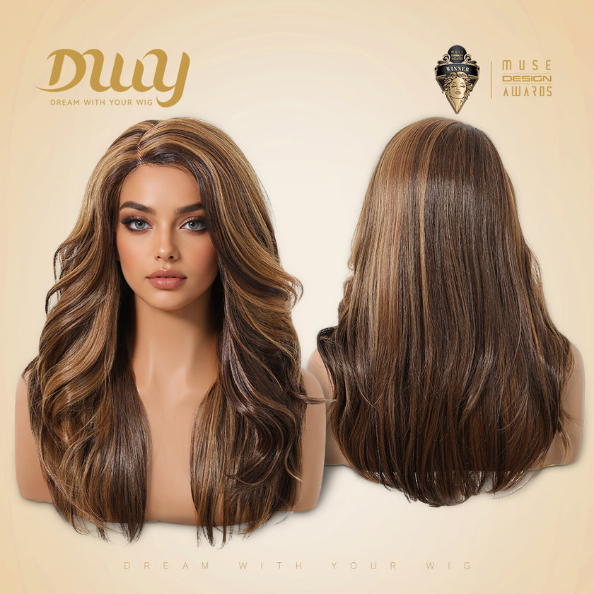 Elsie-DWY C Part Lace Front Long Ginger Brown with Golden Highlight Glueless Synthetic Wig