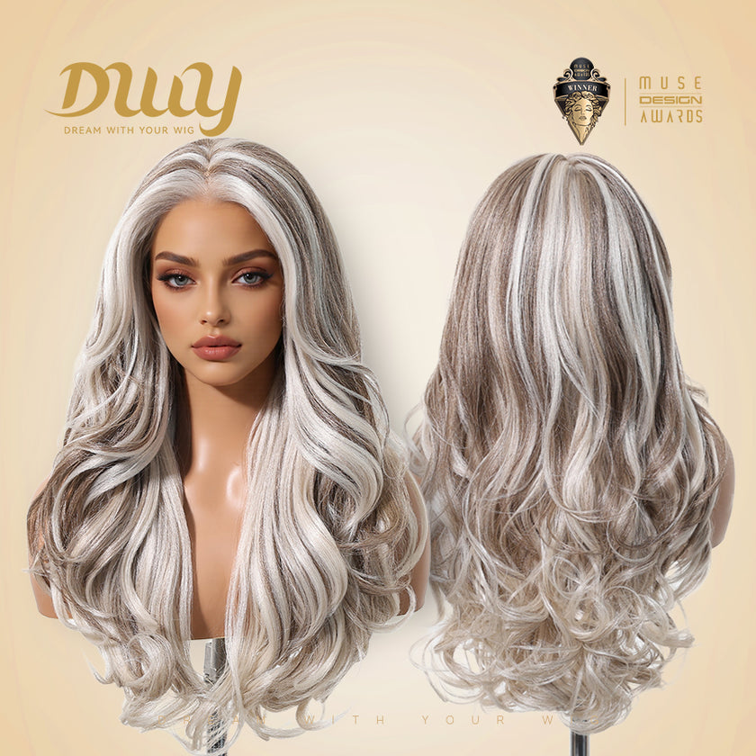 Abbie-DWY 13×6 LFilter Lace Free Part Wavy Platinum Blonde Glueless Synthetic Wig