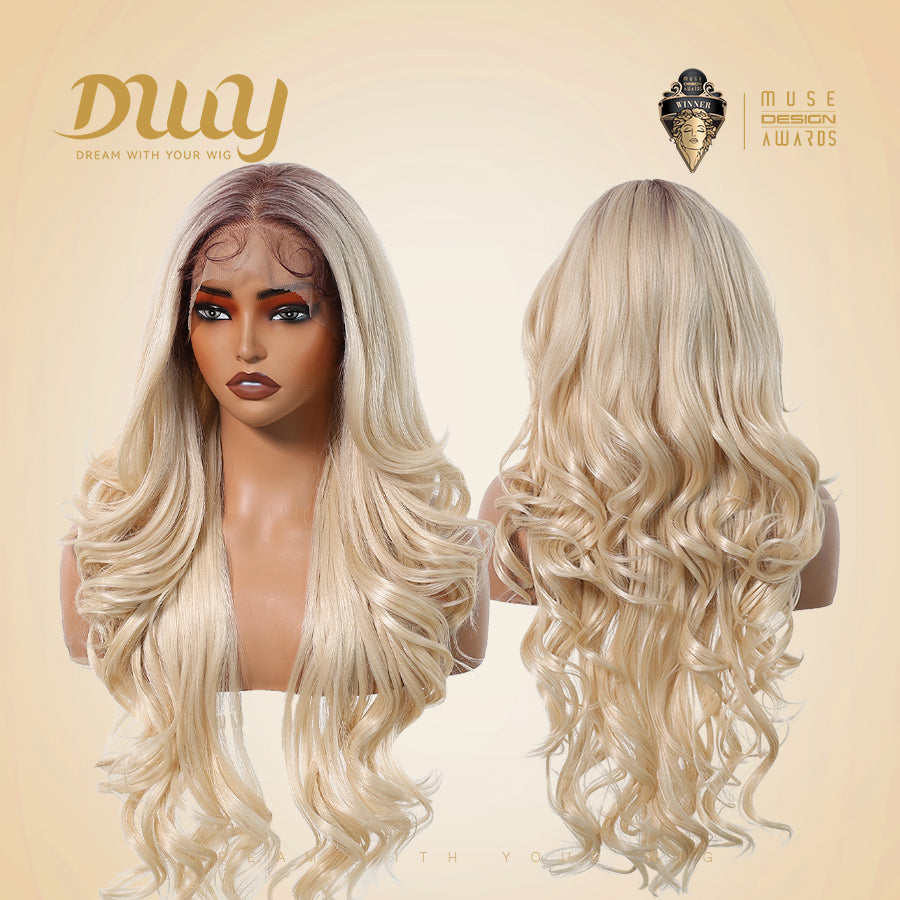 Diva-DWY Lace Front 13×6 Brunette Rooted Blonde Free Part Curly Tresses Synthetic Wig