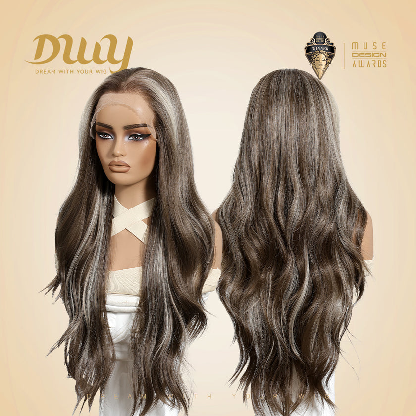 Misty-DWY Lace Front 13×6 Balayage Dark Brown Blonde Natural Wavy Free Part Synthetic Wig