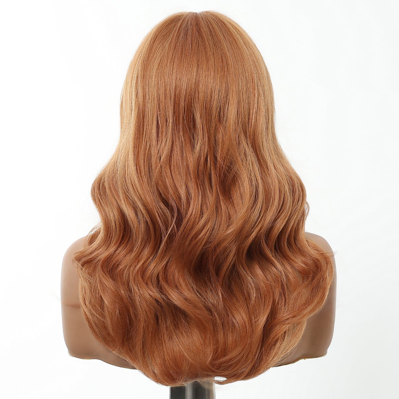 Rina-DWY Machine Made Mid-length Wavy Hairstyle Auburn with Blunt Bangs Glueless Synthetic Wig for Women 18 Inches