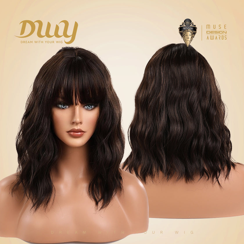 Gemma-DWY Machine Made Natural Black Short Bob Curly Glueless Synthetic Wig with Bangs for Women 12 Inches