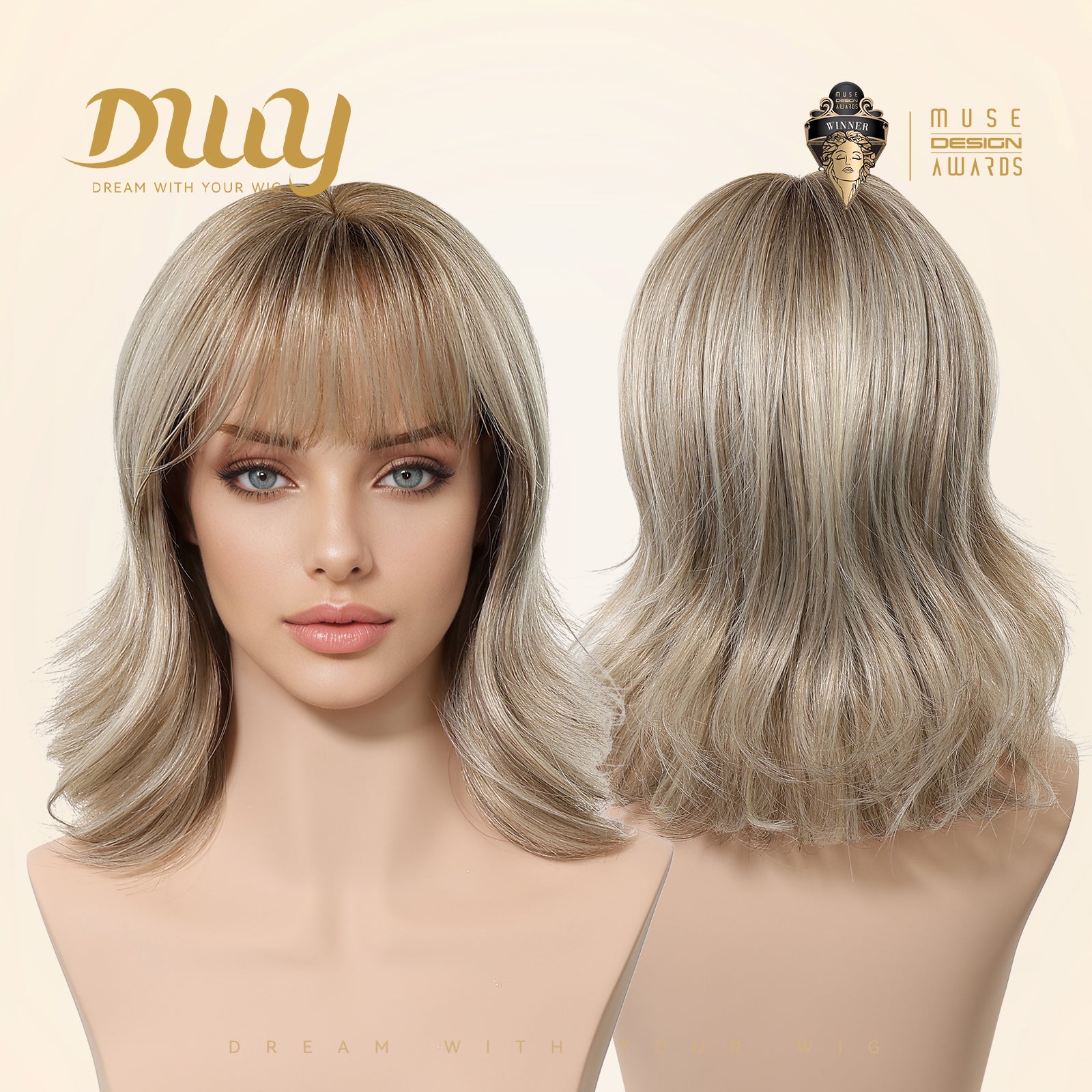 Rella C-DWY New Technology! Bionic Silk Top 12-Inch Layered Shoulder-Length Creamy Beige Blonde Glueless Synthetic Wig