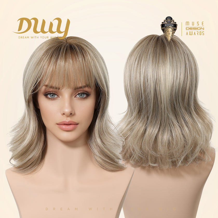 Rella C-DWY New Technology! Bionic Silk Top 12-Inch Layered Shoulder-Length Creamy Beige Blonde Glueless Synthetic Wig
