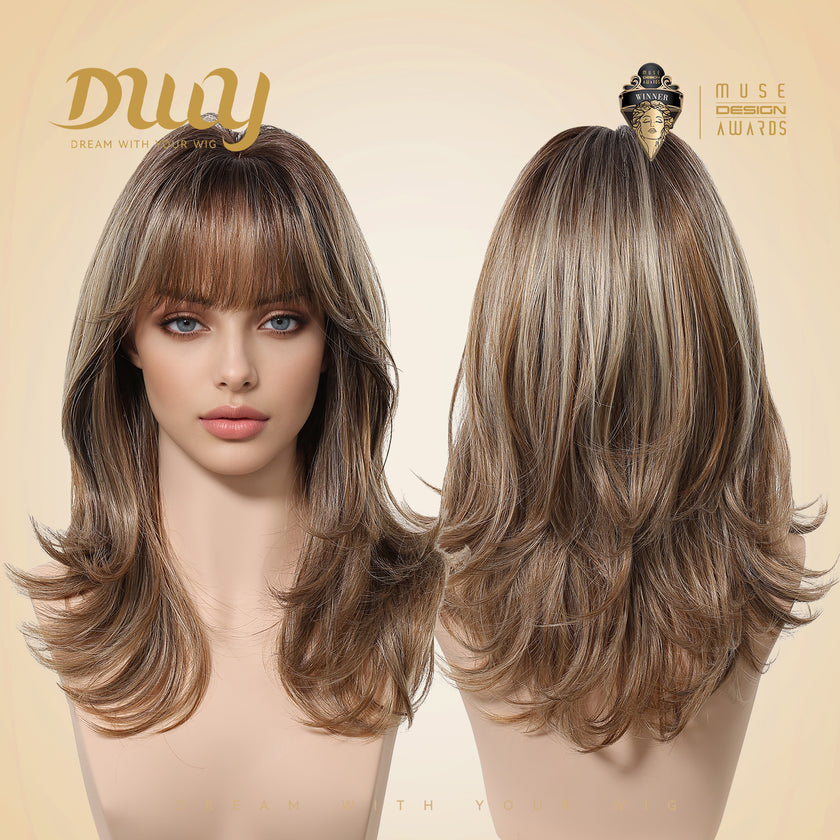 Back In Stock! Jule C-DWY New Technology! Bionic Silk Top 18-Inch Layered Shoulder-Length Caramel Latte Glueless Synthetic Wig