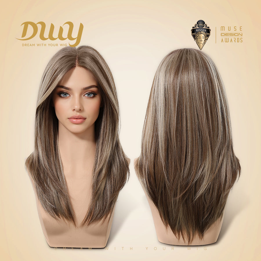Willa- NEW! DWY Pre-cut U part Diamond Lace Long-length Lace Icy Bronde Highlighted Layer-cut Curly Hair Glueless Synthetic Wigs for Women 22 Inch