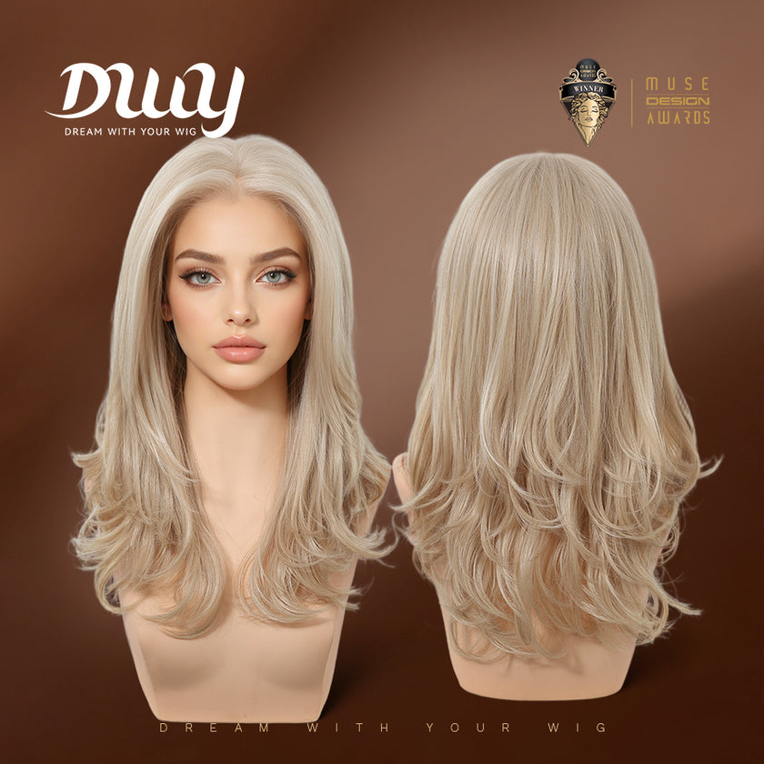 Lainey H-NEW COLOR DWY 13×4 Free Parting Hand -Tied Top Middle Length Light Brown with Highlights  Glueless Synthetic Wig