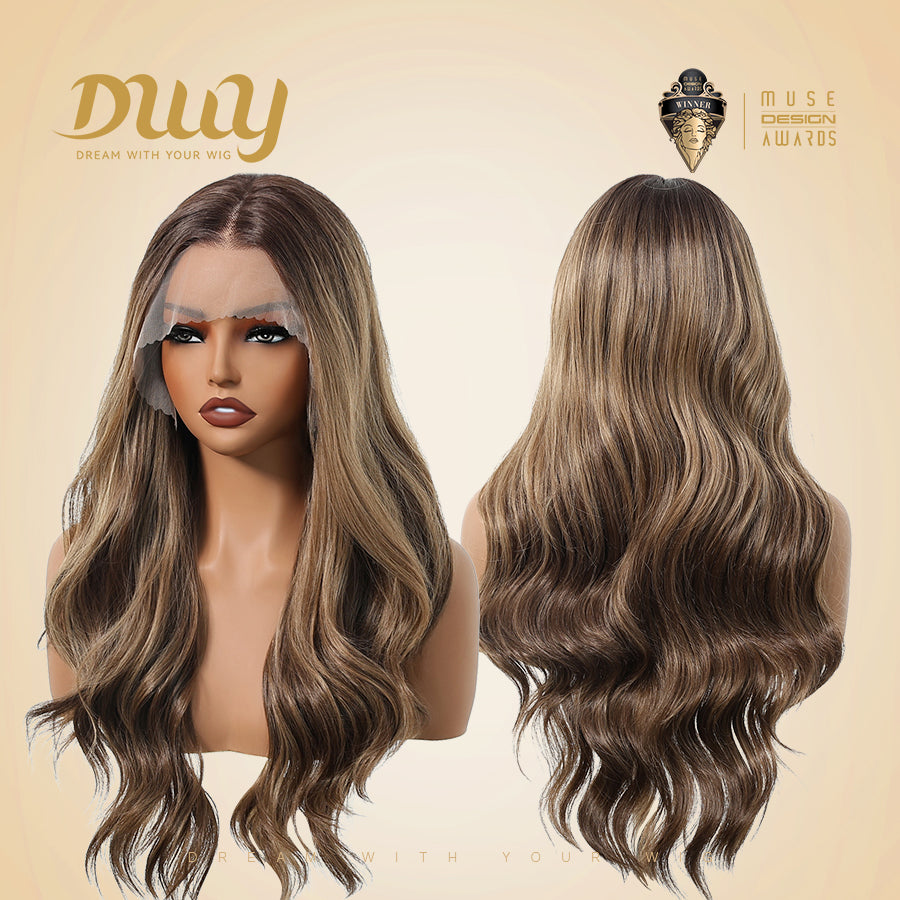 Mocca-DWY 13×6 Libera Lace Free Part Long-Length Wavy Brown with Highlights Synthetic Wig