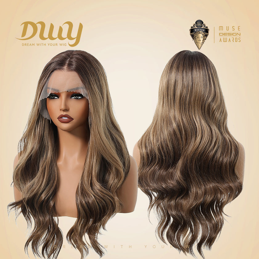 Mocca-DWY 13×6 Libera Lace Free Part Long-Length Wavy Brown with Highlights Synthetic Wig