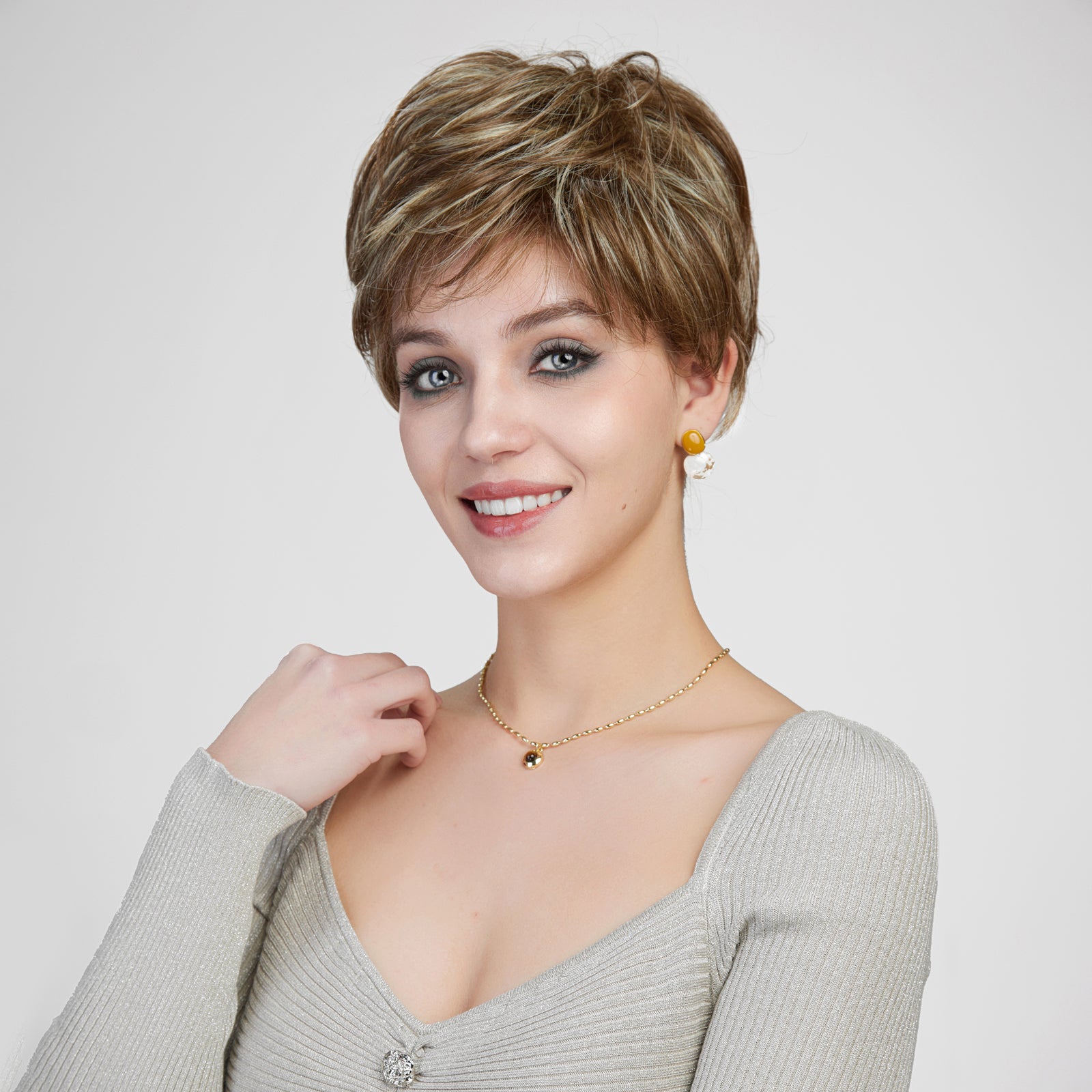 Bella-DWY Mono Lace Front Free Part Ash Brown Short Pixie Synthetic Wig