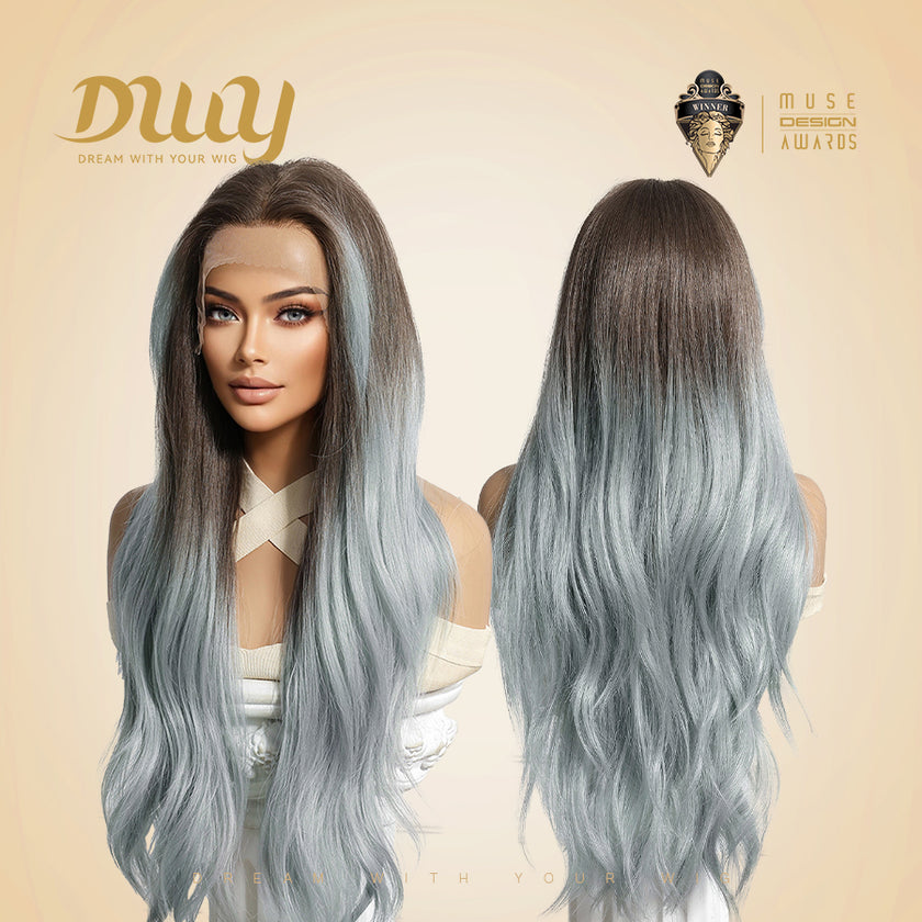 Celeste-DWY Free Part Lace Front 13×6 Ombre Light Blue Brown Wavy Synthetic Wig