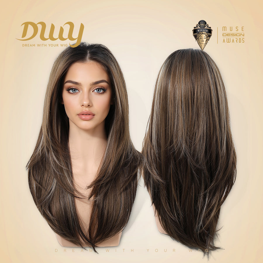 Amaris C-New! DWY 13×4 Lace Front Free Part Long-Length Straight Brown with Blonde Highlights Beautiful Layer Glueless Synthetic Wig for Women 24 Inches