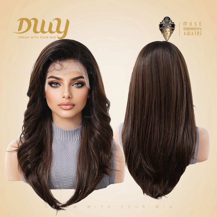 Tilly - DWY 13x6 Filter Lace Front Free Part Medium-Length Wavy Brown Black Wig with Dark Roots