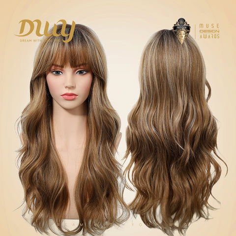 Loni-New Arrival DWY Machine Made Long Wave Light Brown Glueless Synthetic Wig