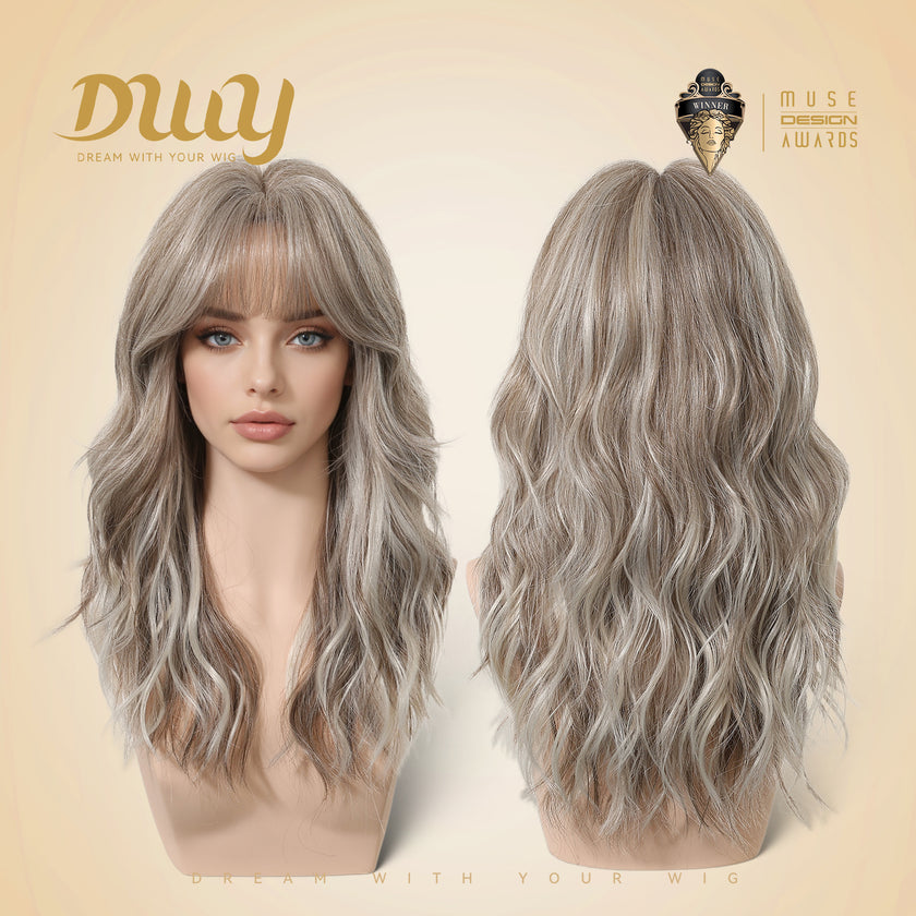 Vesper - New! DWY Bionic Silk Top 22-Inch Long Beachy Wave Ash Blonde Balayage Glueless Synthetic Wig with Bangs for Women High-Quality Premium Fiber Easy Wear Comfortable Fit Summer Looks