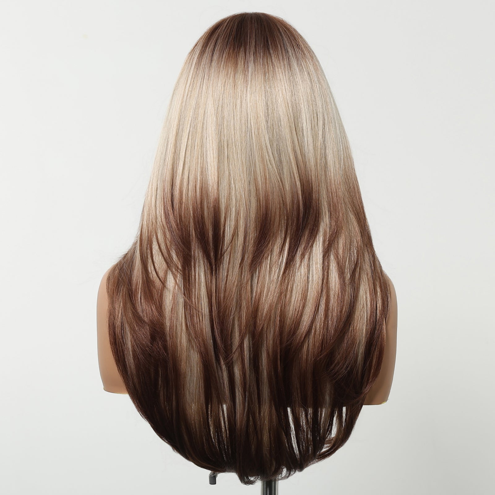 Erica-DWY Machine Made Mid-Length Straight Bleach Blonde with Brown Ends Glueless Synthetic Wig for Women 22 inches