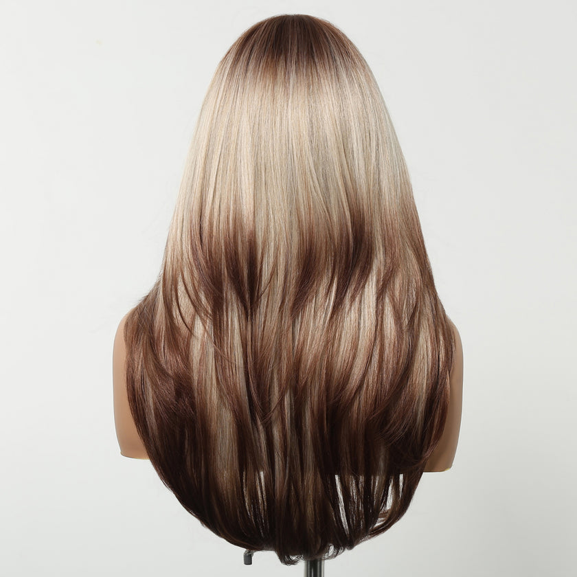 Erica-DWY Machine Made Mid-Length Straight Bleach Blonde with Brown Ends Glueless Synthetic Wig for Women 22 inches