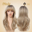 Cybil-DWY Machine Made Mid-length Wave  Bolonde With Dark Roots Glueless Synthetic Wig With Bangs For Women  22 Inches