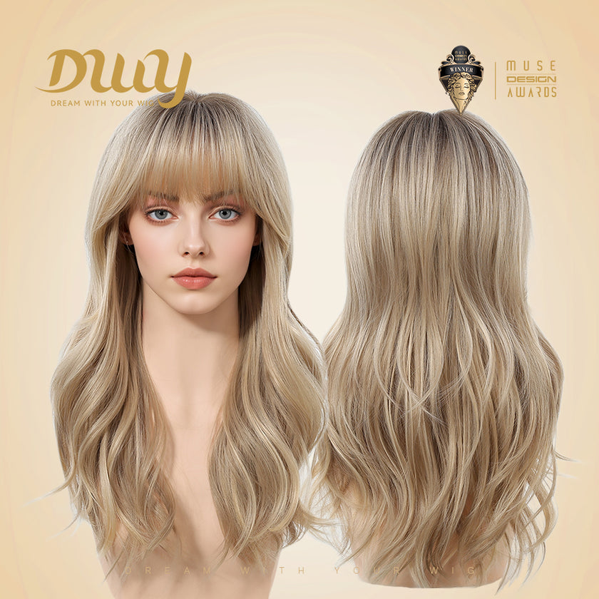Cybil-DWY Machine Made Mid-length Wave  Bolonde With Dark Roots Glueless Synthetic Wig With Bangs For Women  22 Inches