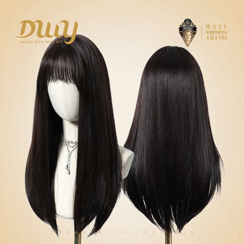 Katie-DWY Long-length Sliky Stright Black with Bangs Glueless Synthetic Wig