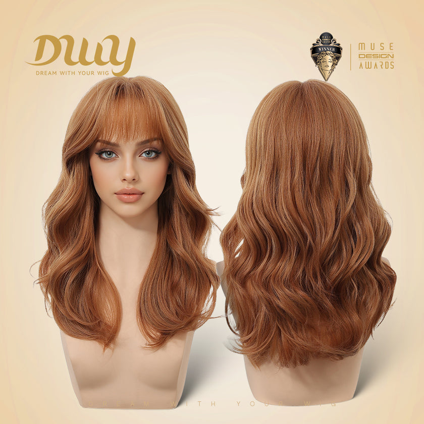 Rina-DWY Machine Made Mid-length Wavy Hairstyle Auburn with Blunt Bangs Glueless Synthetic Wig for Women 18 Inches