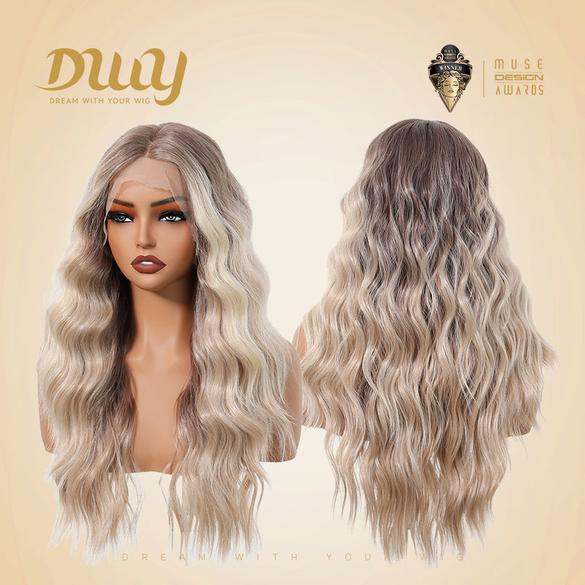 Paulina-DWY Mid-Length Curly Blonde With Dark Roots And Highlights Synthetic Wig