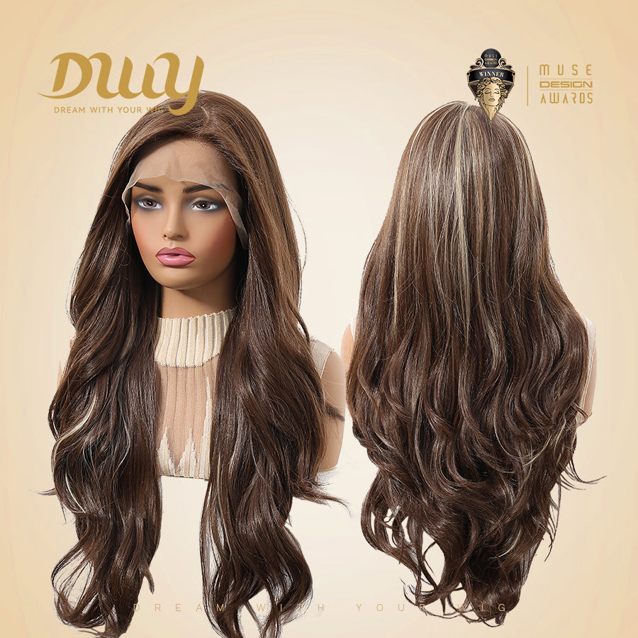Zenasia-DWY 13×6 Libera Filter Lace Free Part Wavy Brown with Highlights Glueless Synthetic Wig
