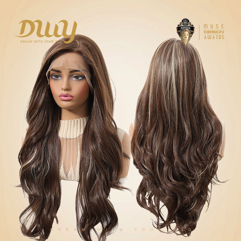 Zenasia-DWY 13×6 Libera Filter Lace Free Part Wavy Brown with Highlights Glueless Synthetic Wig