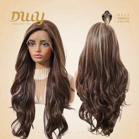 Zenasia-DWY 13×6 Libera Lace Free Part Wavy Brown with Highlights Glueless Synthetic Wig