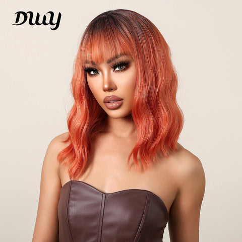 18 Inches Long Curly Red Wigs with Bnags and Black Roots Synthetic Wigs Women's Wigs for Daily or Cosplay Use LC2013-1