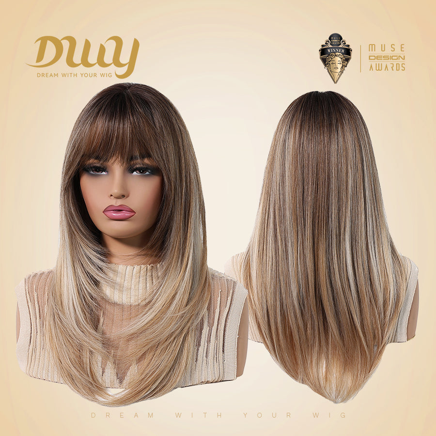 Bonia-DWY Long Curly MiraScalp Ombre Blonde With Bangs Dark Roots Glueless Synthetic Wig