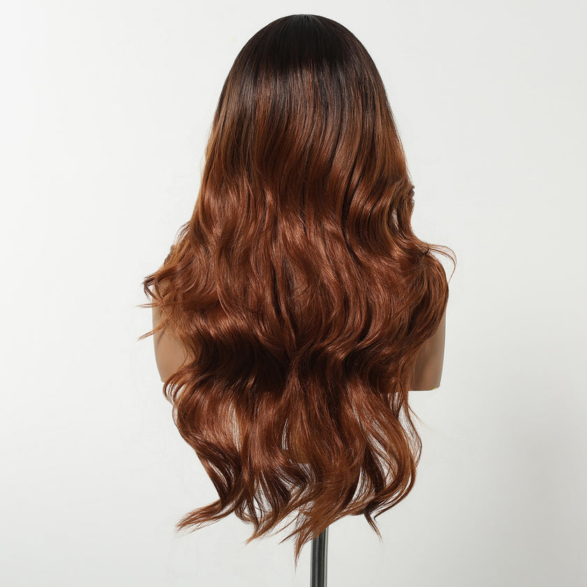 DWY Copper Brown Natural Wavy Synthetic Wig with Middle Parting